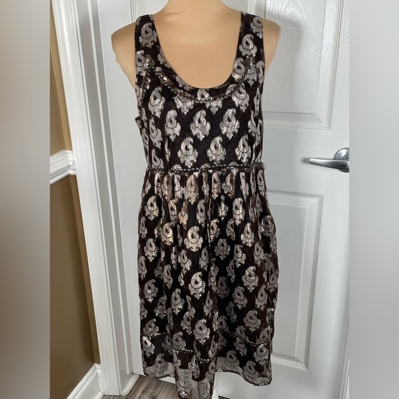 Free People 🖤 Jacquard Sleeveless Mini Dress Black Tan Metallic Studs Womens 10 - Picture 9 of 13